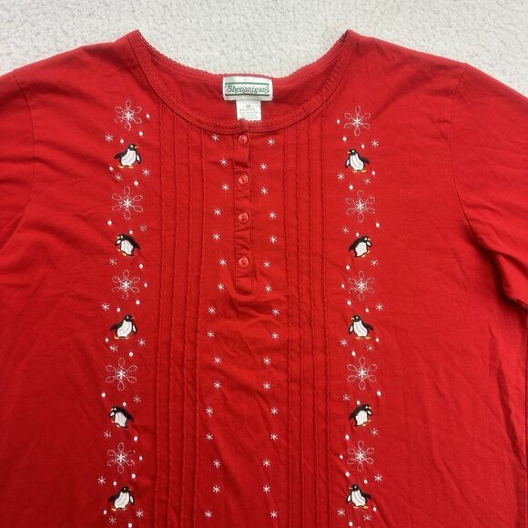 Vintage Shenanigans Christmas Shirt Womens 1X Red Penguins Snowflakes 3/4 Sleeve - Picture 3 of 12